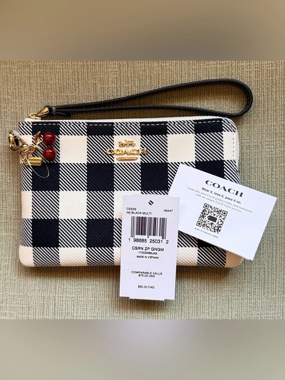 COACH Black & White Check Gingham Wristlet with Cherry Charm NWT
